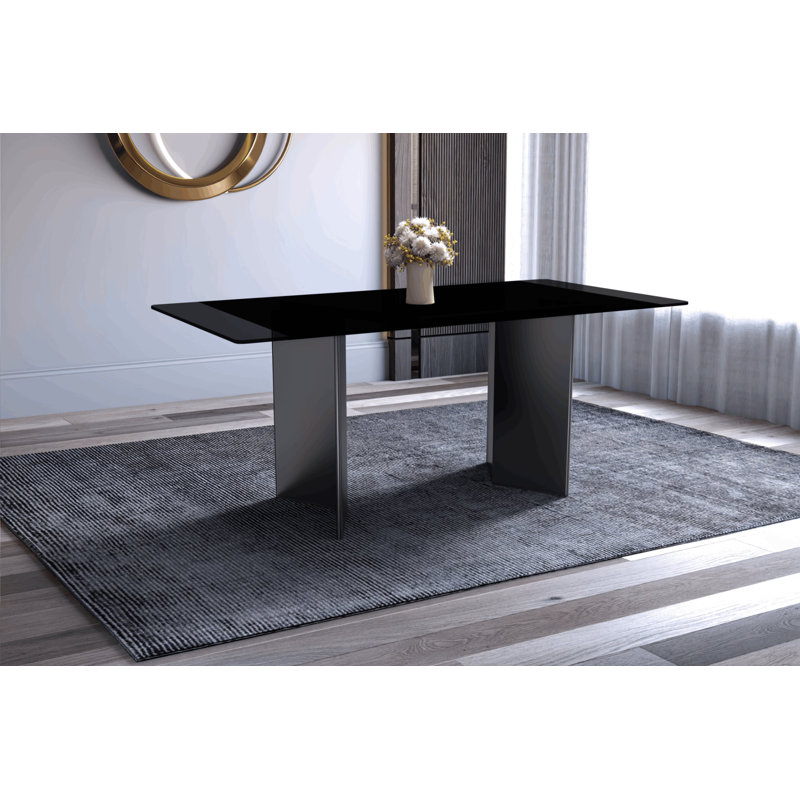 Rectangular Black Glass Dining Table with Stainless Steel Base