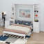 Grand lit escamotable avec bureau, tablettes ouvertes et armoire, poste de travail rabattable et tiroirs-481229290