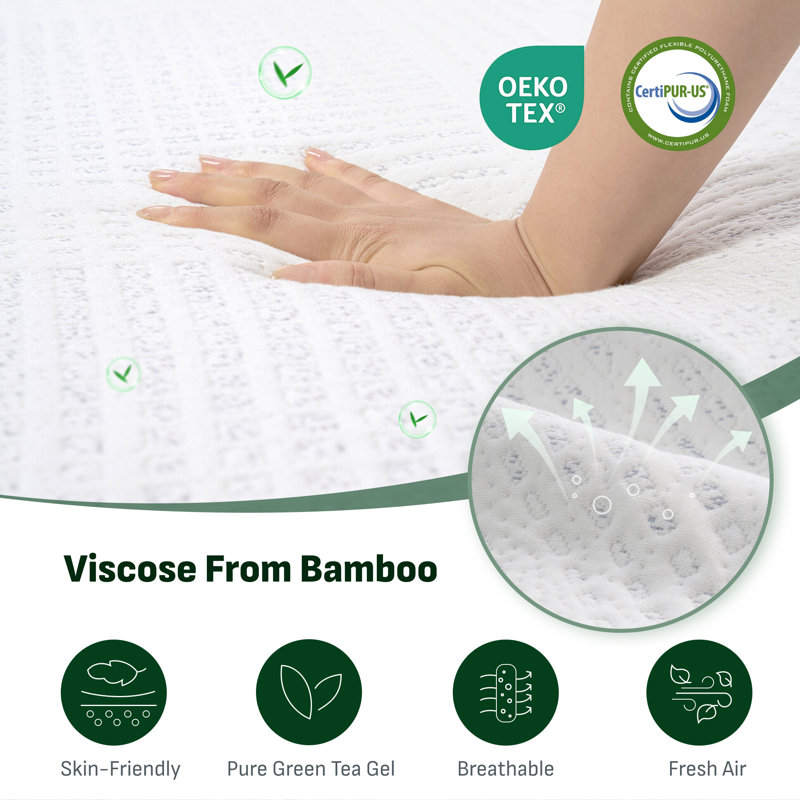 Matelas en mousse viscoélastique gélifiée rafraîchissante avec housse en bambou - Sans fibre de verre, mi-ferme, certifié CertiPUR-US
