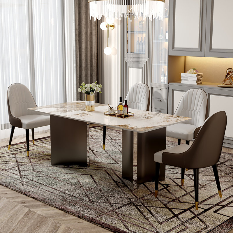 Table de salle à manger pour 6 à 8 personnes, avec plateau rectangulaire en pierre frittée et base en acier gris acier