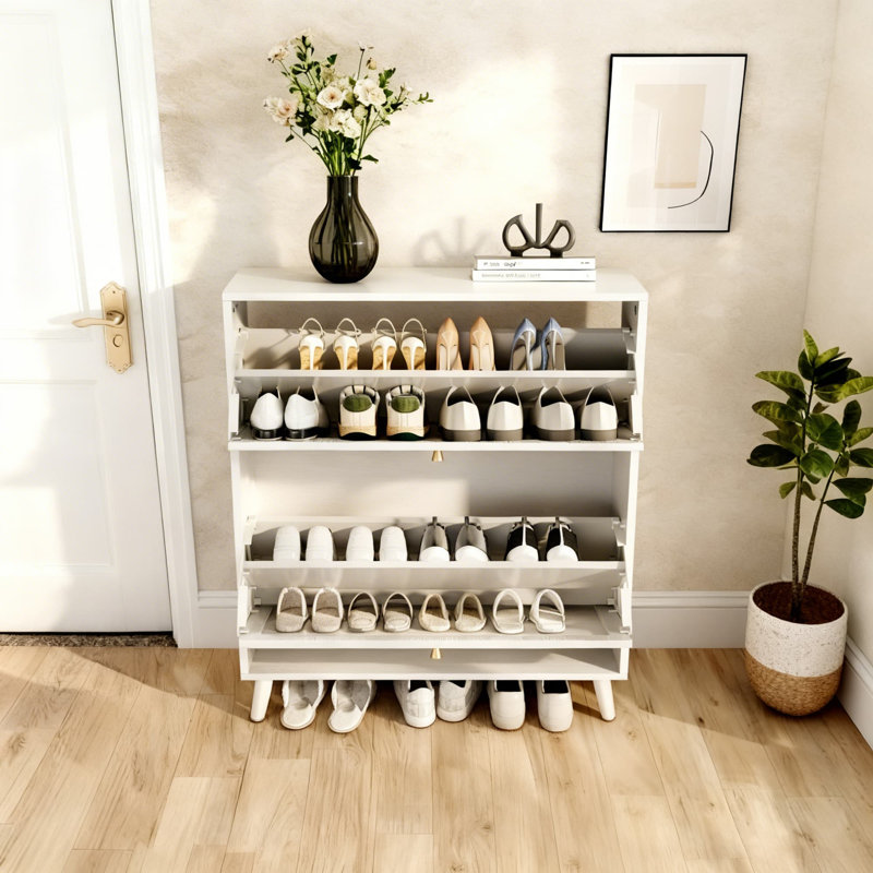 Range-chaussures 16 paires avec 2 tiroirs rabattables et tablettes réglables, range-chaussures autoportants avec motif cannelé