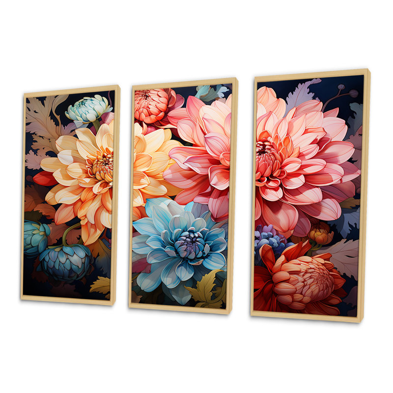 «Mums Burst With Fierce Brushwork Intense Colors I», ensemble d'art sur toile Mums, Cadre naturel flottant