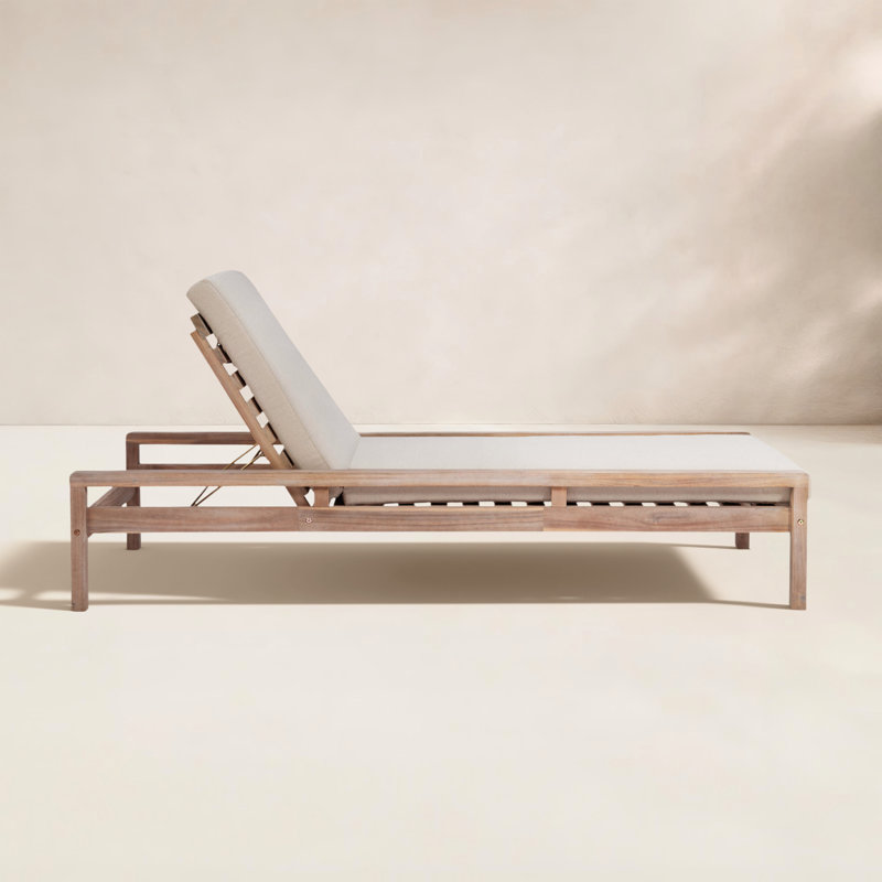 Amina Solid Acacia Wood Reclining Chaise Lounge with Cushion, Beige