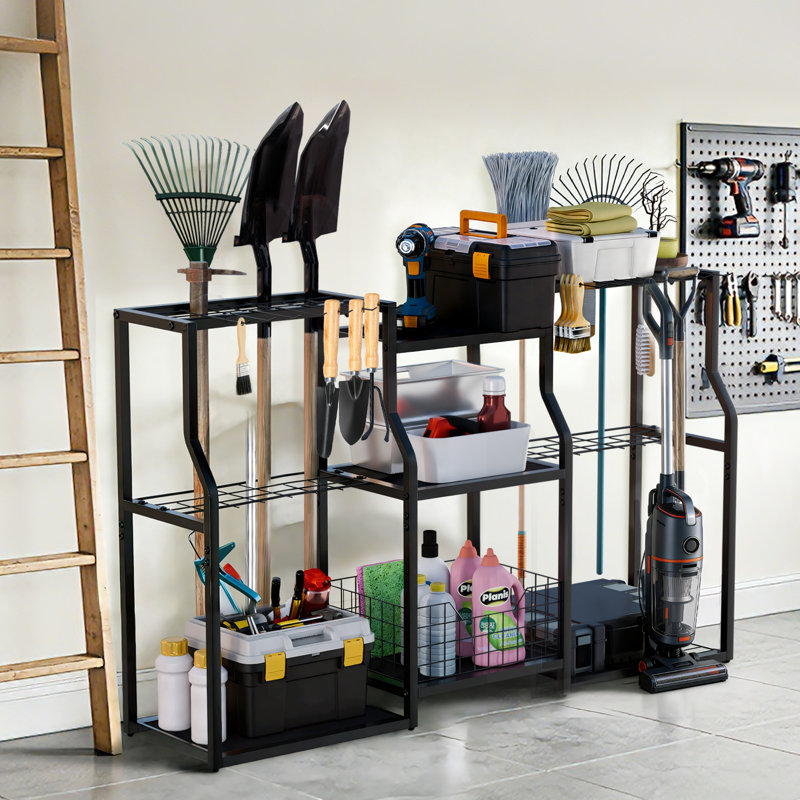 Heavy Duty Freestanding Metal Garden Tool Organizer Rack With Slots & Drill Rack, Garage Workshop Shed Storage Stand 