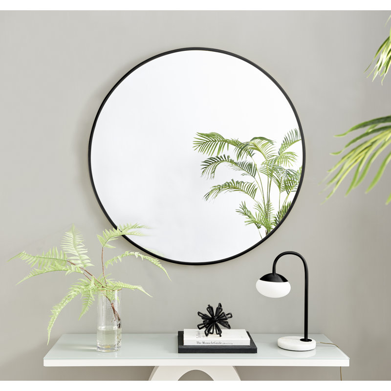 Mikell Round Metal Framed Wall Mounted Accent Mirror, 100cm H x 100cm W, Black