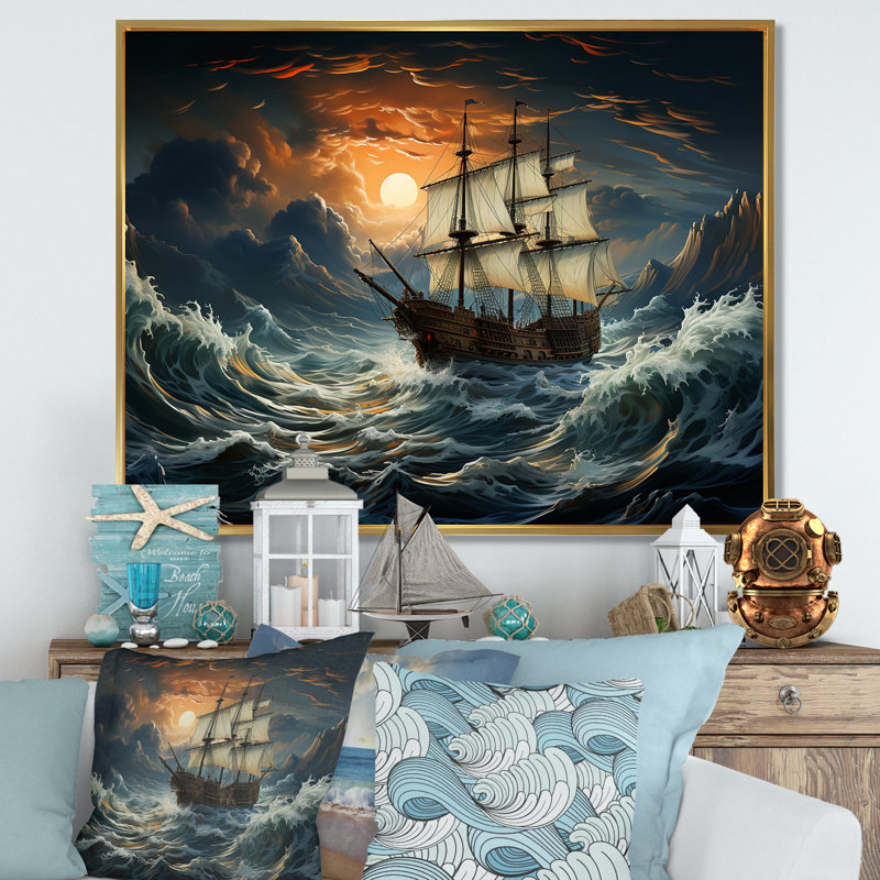 «Pirate Ship Legacy II», art mural pirate, Cadre flottant doré, H 30 po x l 40 po x P 1,5 po