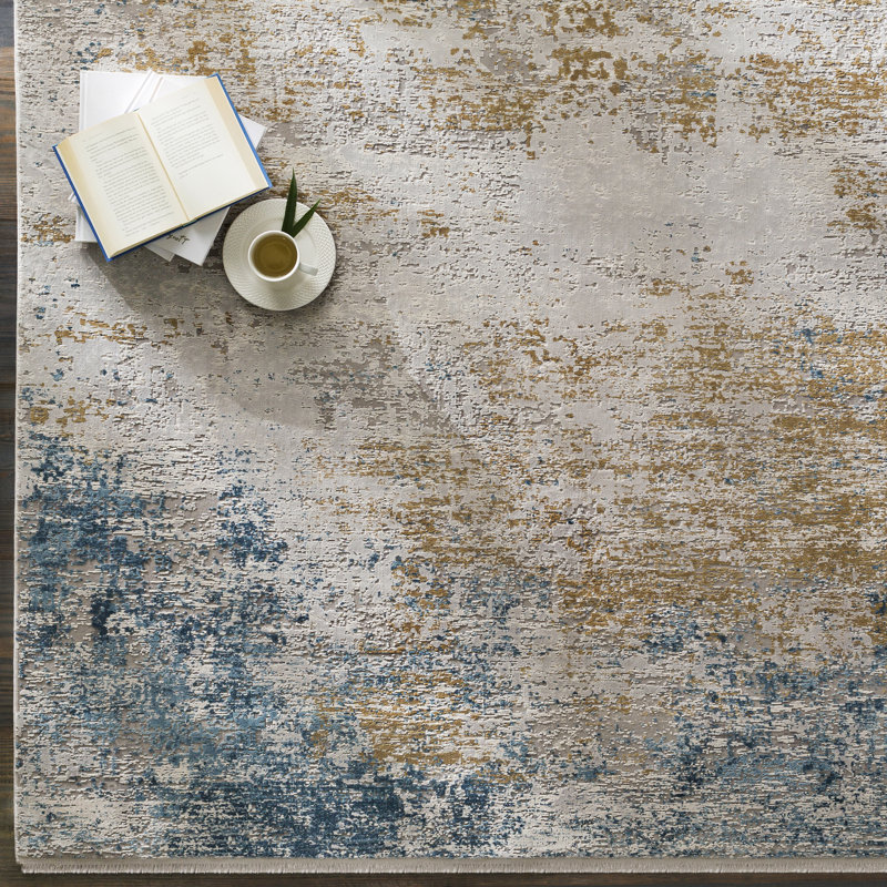 Tapis bleu ciel / bleu foncé tissé à la machine Bannock, Rectangle 12 pi x 15 pi