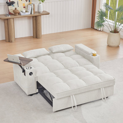 Canapé-lit en chenille beige avec accoudoirs avec rangement, port USB et table d'appoint