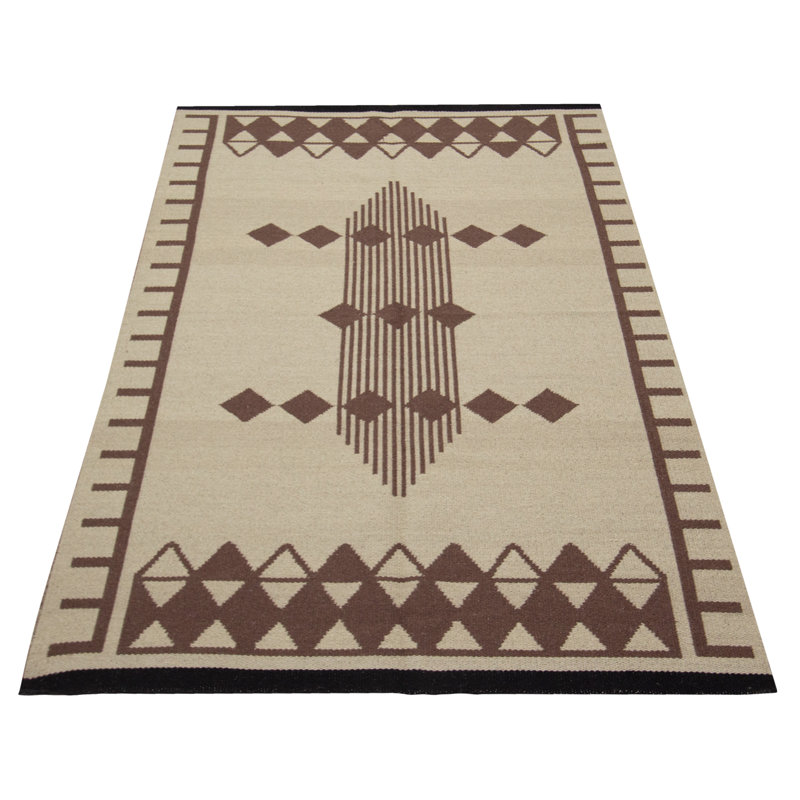 Tapis beige / brun en laine tissé à plat à la main à motif oriental New Ashford