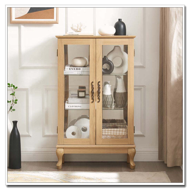 Vitrine 2 portes avec verre trempé et dossier en miroir, Chêne clair