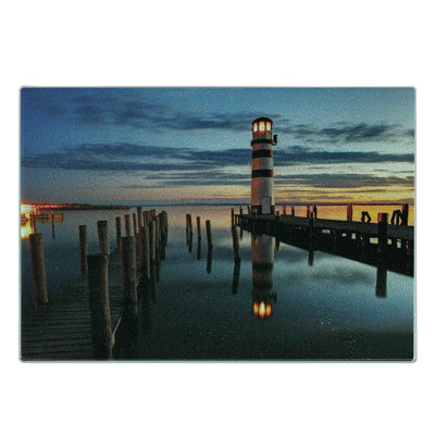 Ambesonne Colorful Tempered Glass Cutting Board Lighthouse Calm Dusk Multicolor