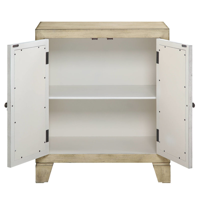 Armoire console au fini blanc antique - 2 portes rectangulaires effilées avec 1 tablette de rangement et portes avant en miroir assemblées: l 28 po x H 32 po x P 15 po