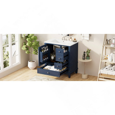 30" Bathroom Vanity with Sink, One Door with Shelf and Three Drawers, Soft Close Door, Blue