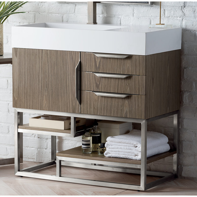 Meuble-lavabo simple l 35,31 po Samorah, Nickel brossé, Gris cendre, Blanc lustré