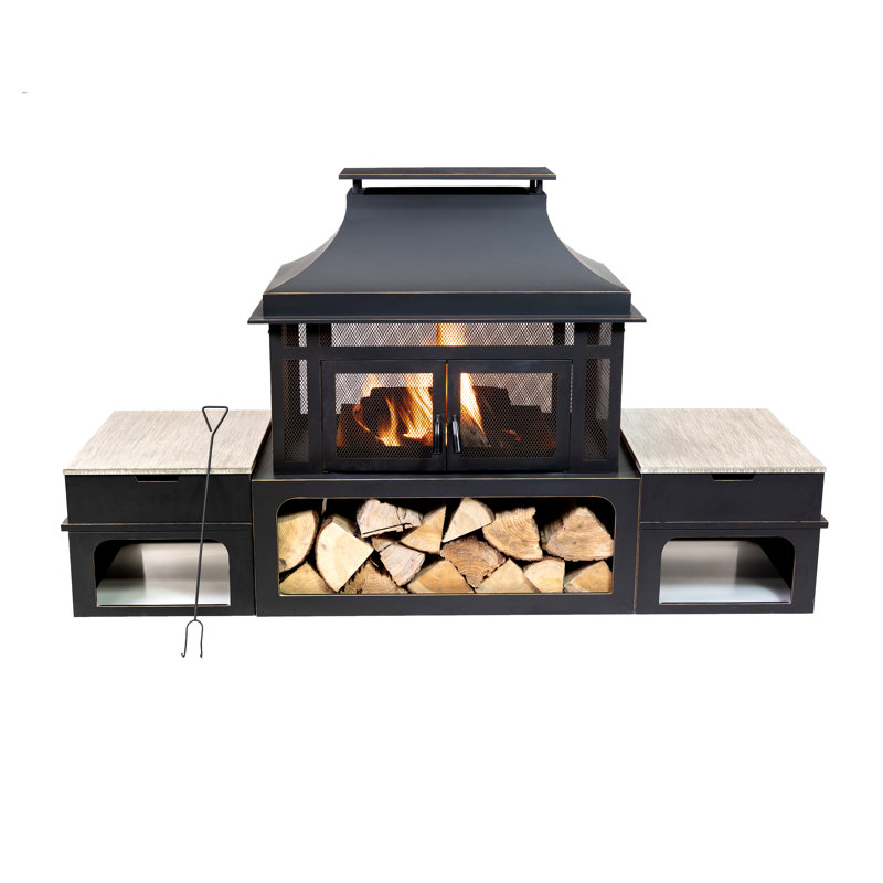 Rimasco 80-Inch Black Wood Burning Fire Pit with Storage