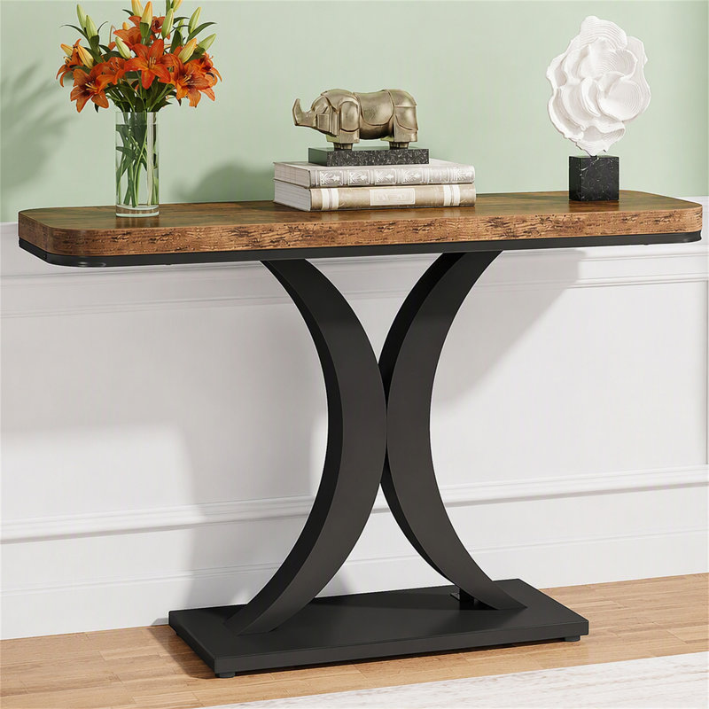 Console de 101,6 cm (40 po), table d'entrée étroite avec piètement géométrique, Brun