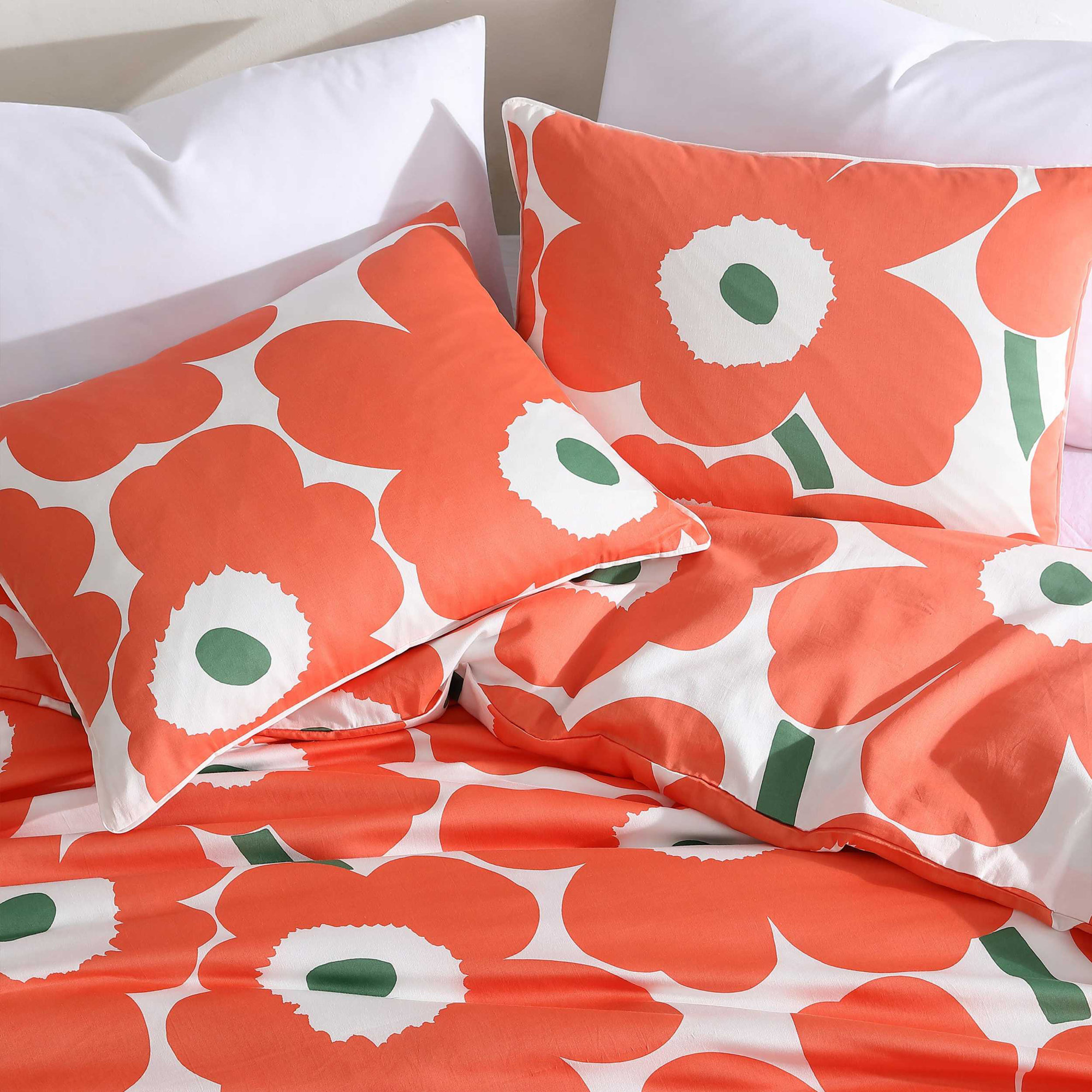 Marimekko Unikko Green/White Organic Cotton Duvet Cover Set, Queen Duvet Cover + 2 Standard Shams, Orange/Green/White