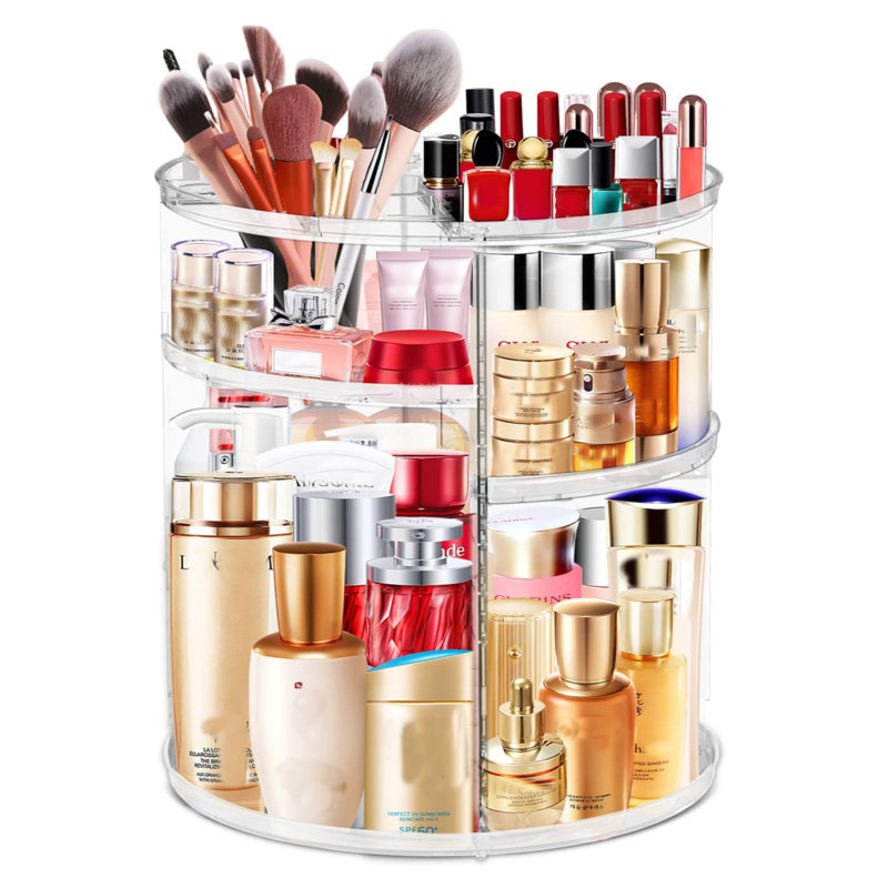 Organisateur de maquillage à rotation 360 ° en acrylique, grande capacité, facile d'accès, robuste, multifonctionnel, excellente idée cadeau
