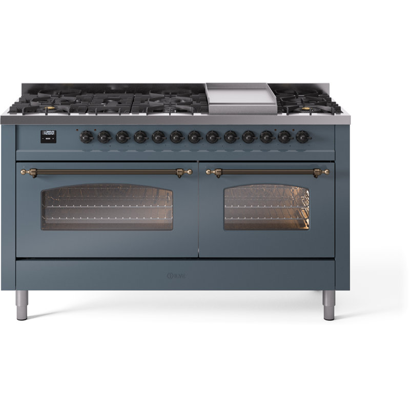 ILVE Nostalgie II 60 Dual Fuel Range, 9 Burners, Griddle, Blue/Gray/Bronze, Natural Gas