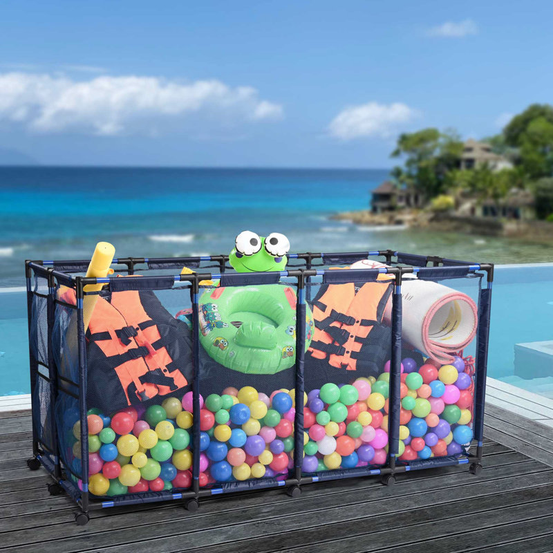  Bac de rangement flottant pour jouets de piscine en métal avec roues latérales, Bleu