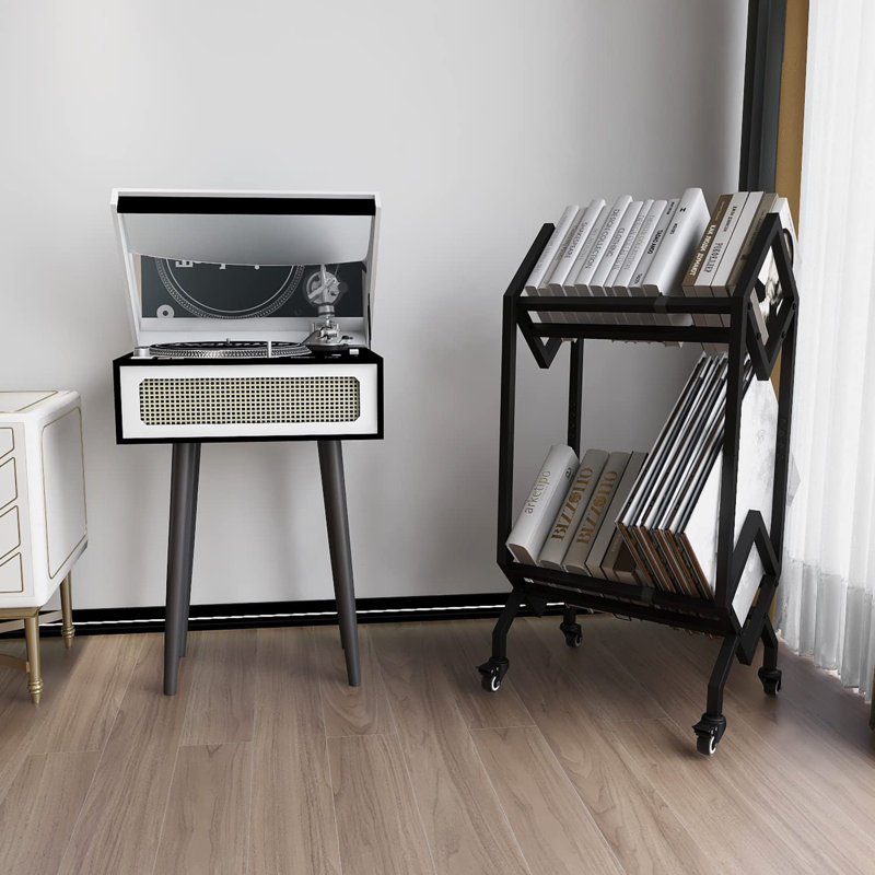 Black Industrial 2-Tier Metal Bookcase with Wheels