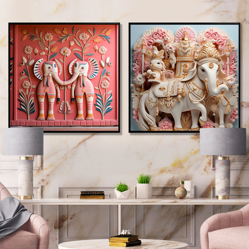 Indian Art Jaipur Elephants I - Ensemble de 2 décorations murales d'art indien, Cadre flottant noir