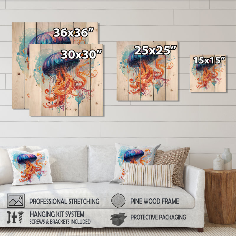 Méduse orange et bleue Jive III - méduse sur bois, H 30 po x l 30 po