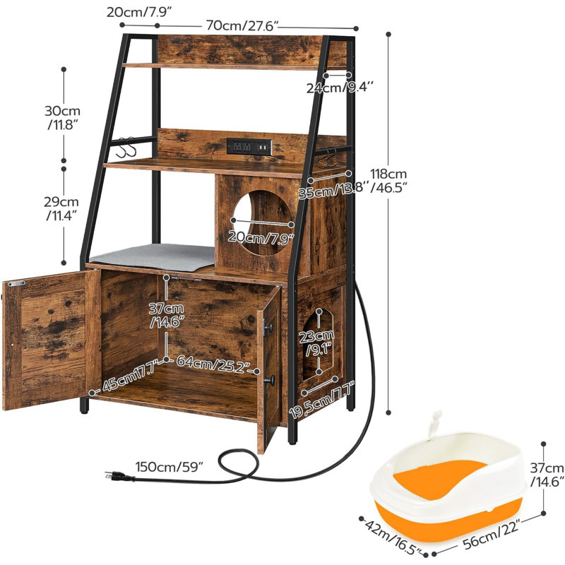 Enceinte de litière avec 2 tablettes de rangement, meubles de grande litière cachés avec station de charge