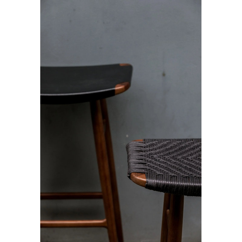 Freja Upholstered Stool with Solid Wood Frame, Natural Paper Cord, Natural Walnut
