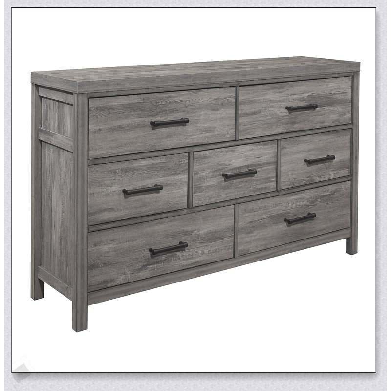 Commode de chambre de style rustique avec 7 tiroirs spacieux, finition grise vieillie, stratifié de mélamine durable, design élégant et fonctionnel