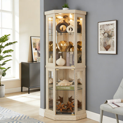 Lighted Corner Curio Cabinet - 5 Finishes (White/Cherry/Oak/Black/Dark Oak) - Collectibles & Wine Glass Display