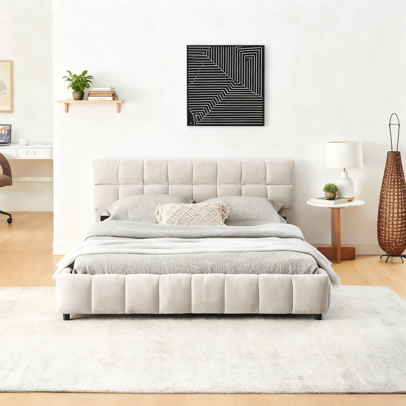 Queen Size Upholstered Bed, Beige