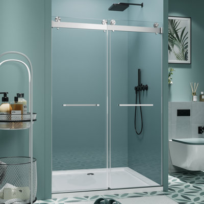 Frameless Double Sliding Shower Door Brushed Nickel Modern Bathroom, 60" X 76" Clear Tempered Glass With Soft-close Design