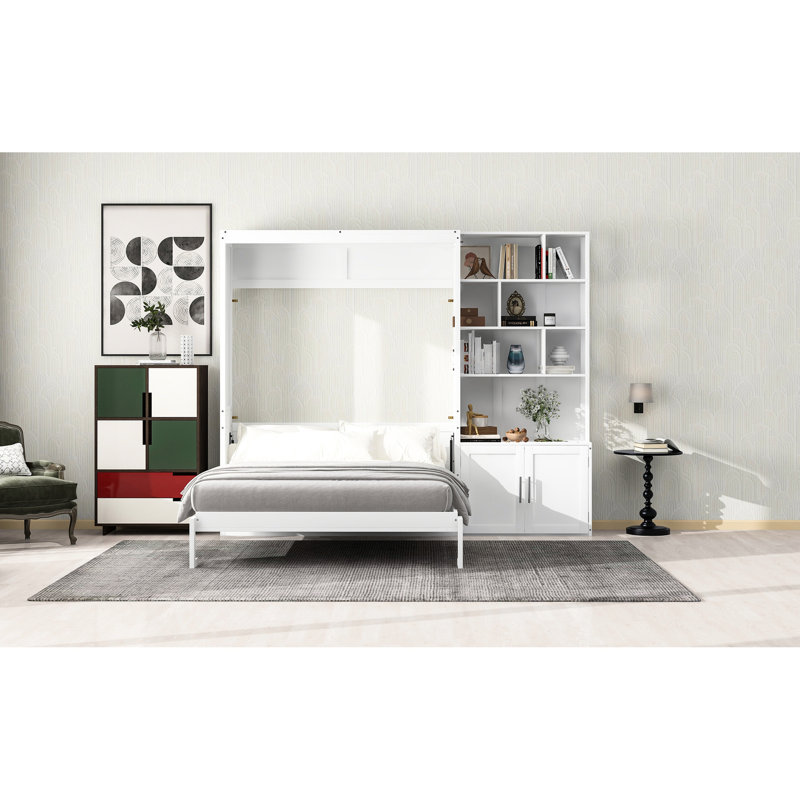 Lit double blanc avec de grandes tablettes de rangement et une armoire - Intègre une fonction tendance dans la chambre à coucher