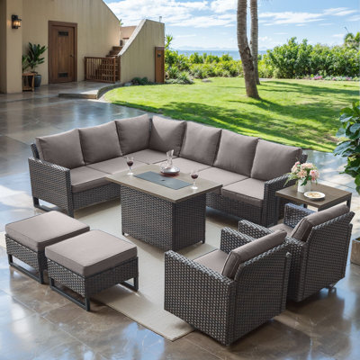 Hansencamp 9 - Person Outdoor Sectional Seating Group With Fire Pit With Swivel Glide Chair And Cushions by Latitude Run