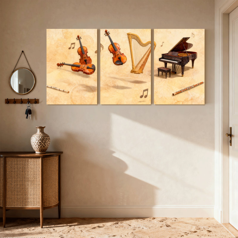 «Fashion Violin Cello Harp Piano Flute Music Notes Art», ensemble de 3 impressions sur toile, H 18 po x l 36 po