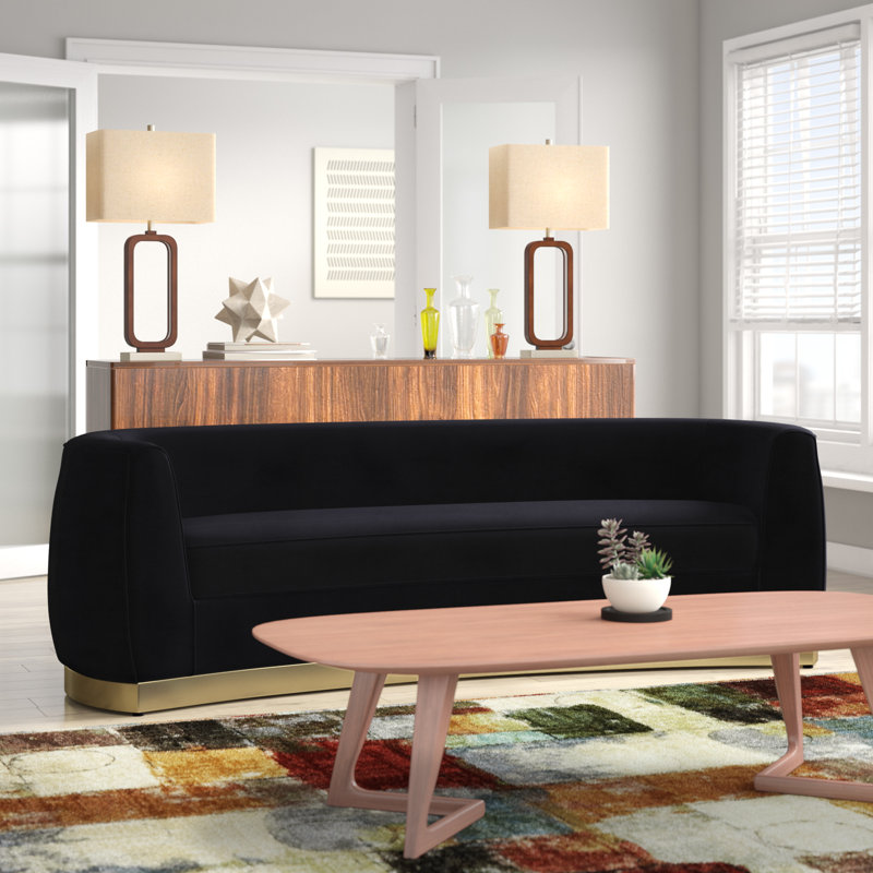 Breccan 91.5" Velvet Round Arm Curved Sofa, Gold, Black Velvet