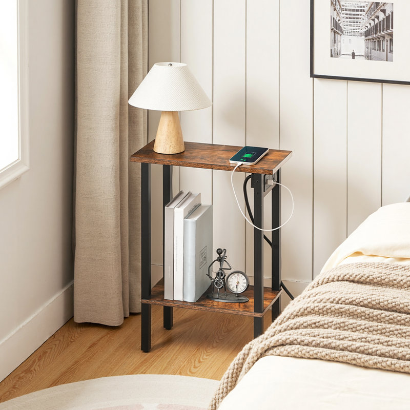 22.6" H Small End Table with Charging Station, Rustic Brown