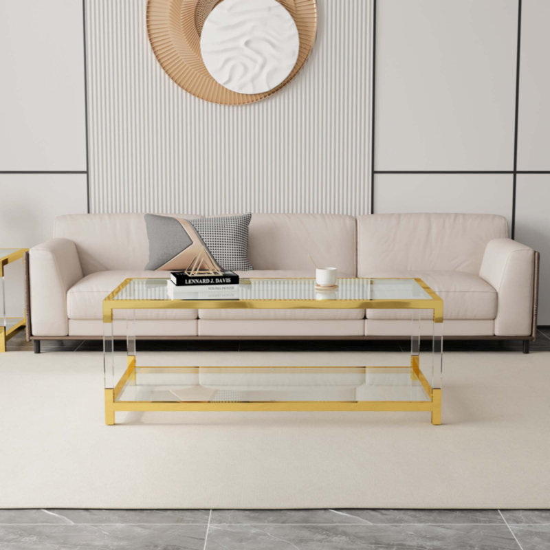 Modern Gold Glass Coffee Table with Acrylic Legs and Storage