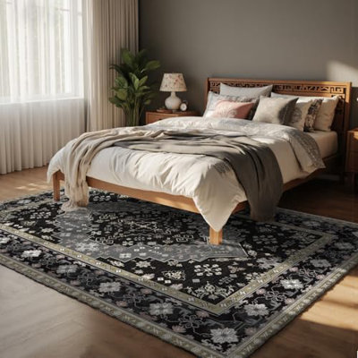 Tapis Boho à motif floral rétro 8 x 10 po, tapis en laine synthétique à poils courts lavable à la machine, tapis doux antidérapant et durable pour le salon, la chambre à coucher, la salle à manger et le bureau. (Noir rétro Boho, 10 pi x 8 pi (rectangulaire))