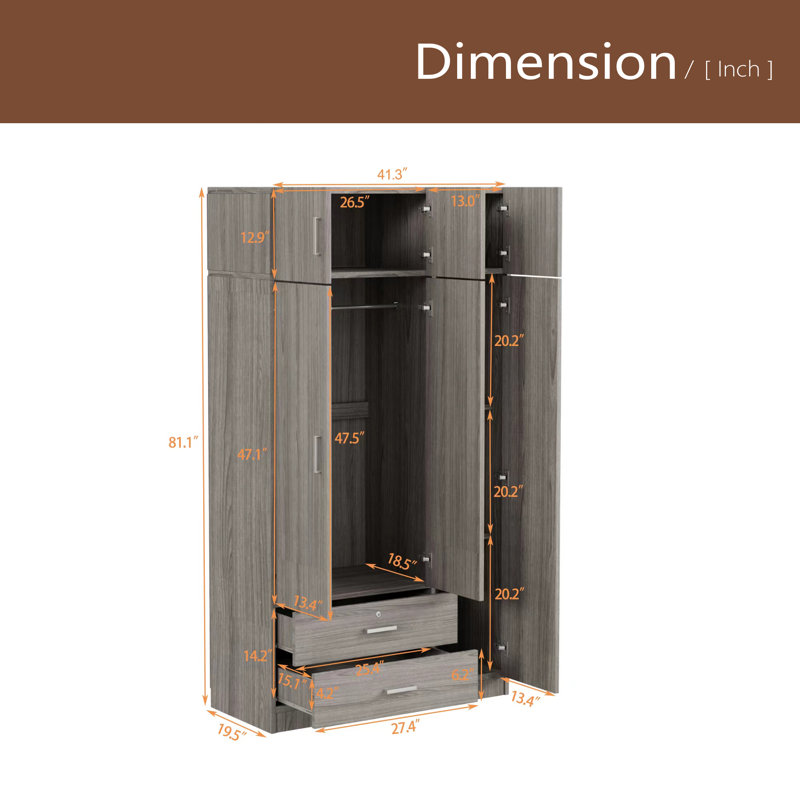 Armoire à miroir 3 portes avec 2 tiroirs et armoire supérieure, Gris