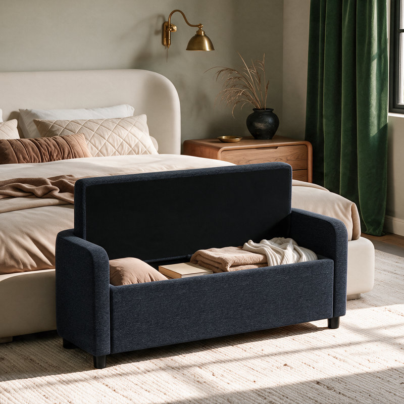 Narooma Linen Upholstered Flip Top and Storage Bench, BLUE