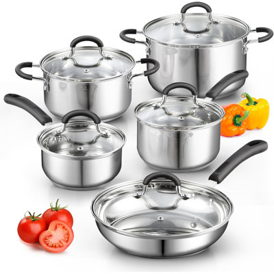Ensemble de batterie de cuisine en acier inoxydable, casseroles et poêles avec poignées Stay-Cool de Cook N Home Professional
