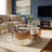 Round Coffee Table with White Marble Pattern Top and Cylindrical Silver Mirror Base in Gold Dust Finish, Modern Accent Table