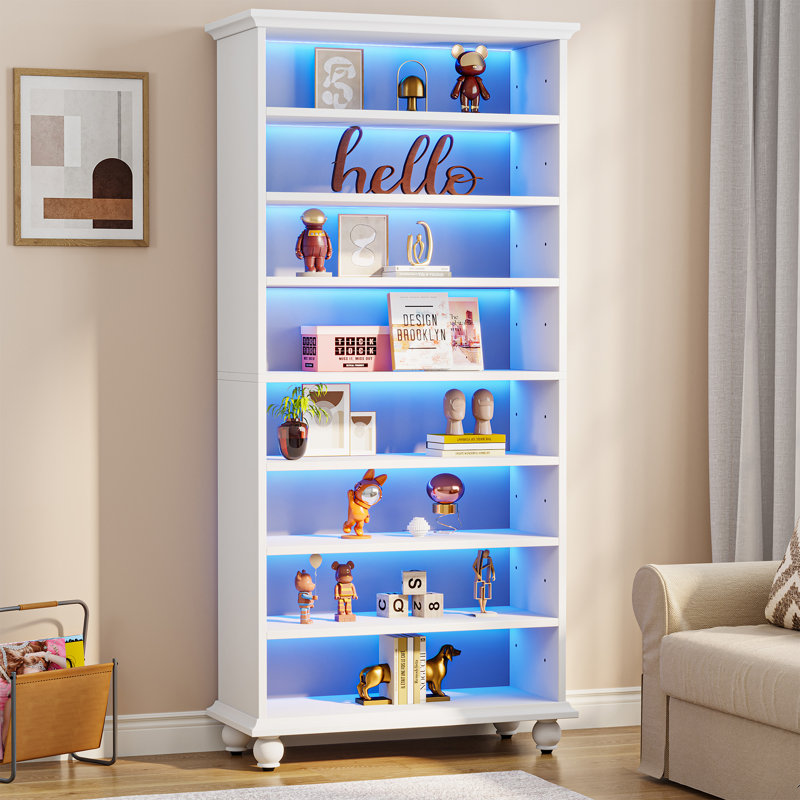 Orthman 68.9" H x 28.35" W Open Bookcase Bookshelf with Adjustable Shelf and Multicolor LED Lights, White