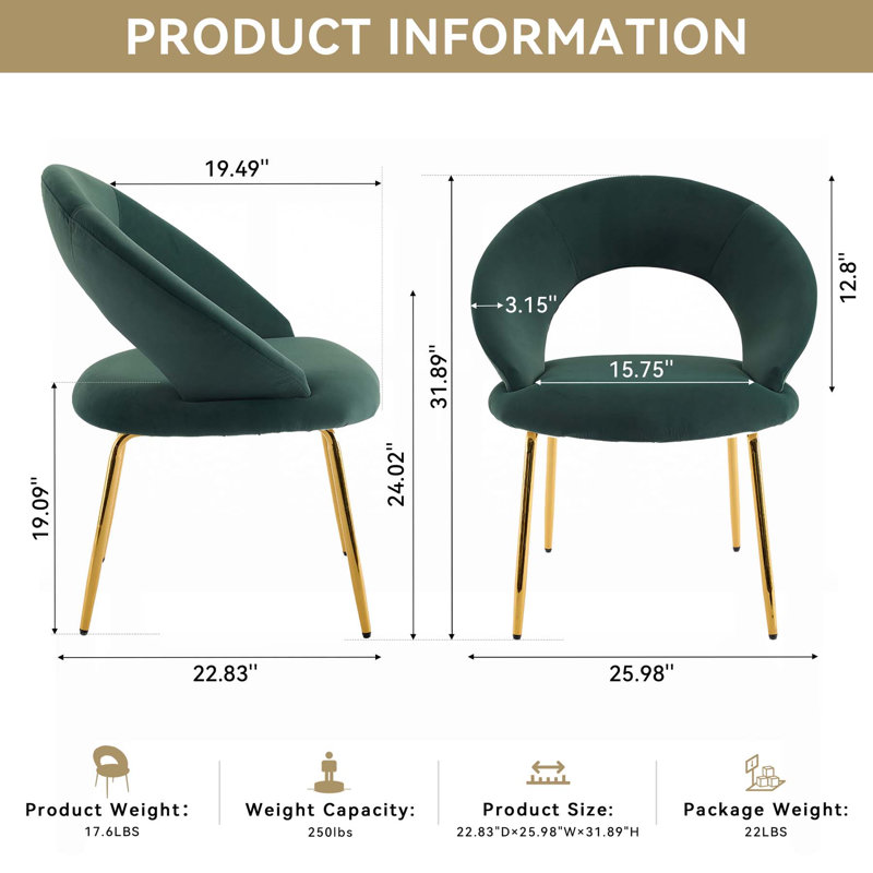Élégante chaise de salle à manger en velours avec dossier ergonomique incurvé et pieds en métal doré, parfaite pour les salles à manger modernes.