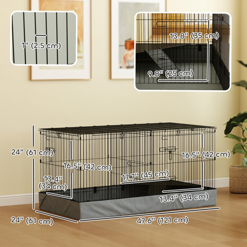  Cage de cochon d'Inde avec plateau amovible, parc pour animaux de compagnie avec 2 espaces séparés, doublure imperméable, rampe, perchoir, pour lapins, hérissons, cochons d'Inde, noir