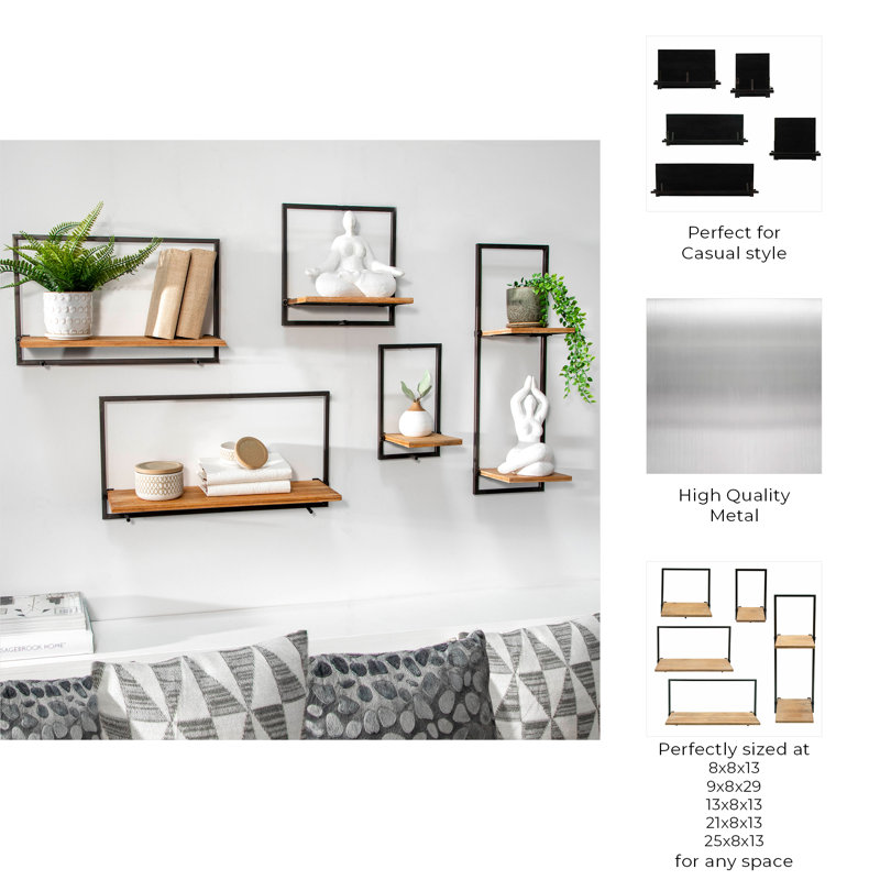 Loddie Metal and Wood Wall Shelf Set Modern Floating Display Shelves with Iron Frame, Decorative and Functional Wall Storage, Stylish Industrial Design