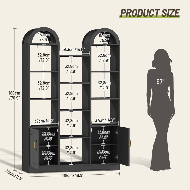 70.9" Tall Arched Cabinet with 2 Doors, 5 Tier Wooden Arched Bookshelf, Open Display Shelves