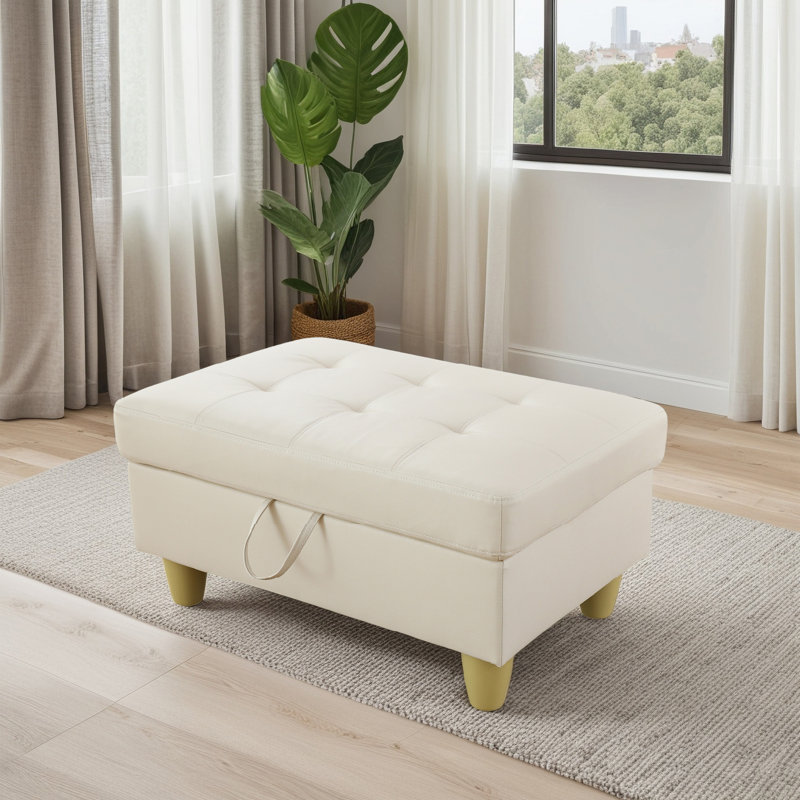 Repose-pieds avec rangement en faux cuir, Blanc cassé